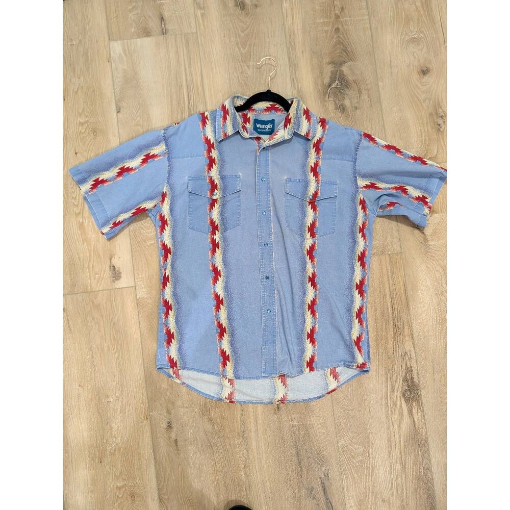 Vintage Wrangler Western Pearl Snap Shirt Men's Large XL Denim Aztec Southwest